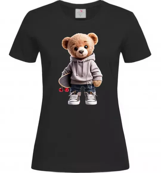 Женская футболка Ведмедик зі скейтбордом Черный фото
