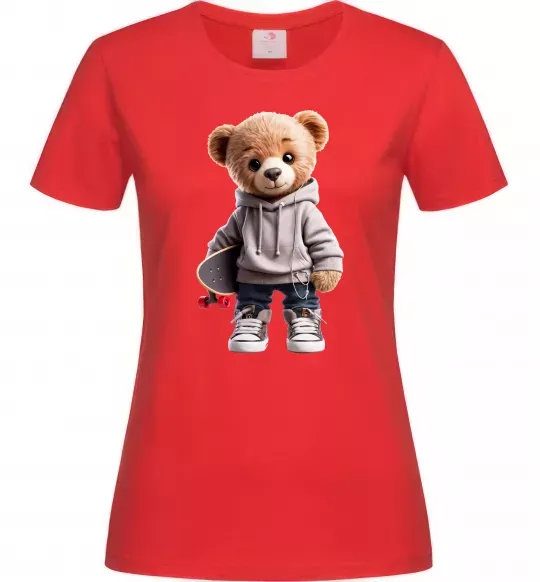 Женская футболка Ведмедик зі скейтбордом Красный фото