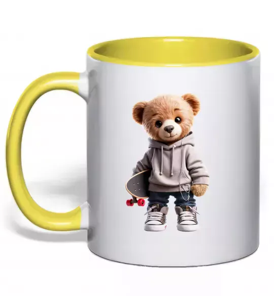 Чашка з кольоровою ручкою Ведмедик зі скейтбордом Сонячно жовтий фото