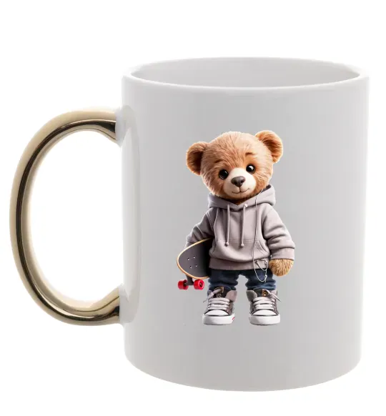 Чашка з кольоровою ручкою Ведмедик зі скейтбордом Золото фото