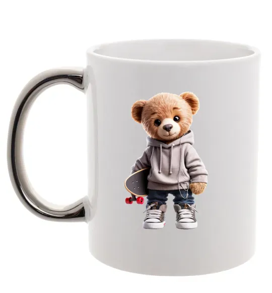 Чашка з кольоровою ручкою Ведмедик зі скейтбордом Срібло фото