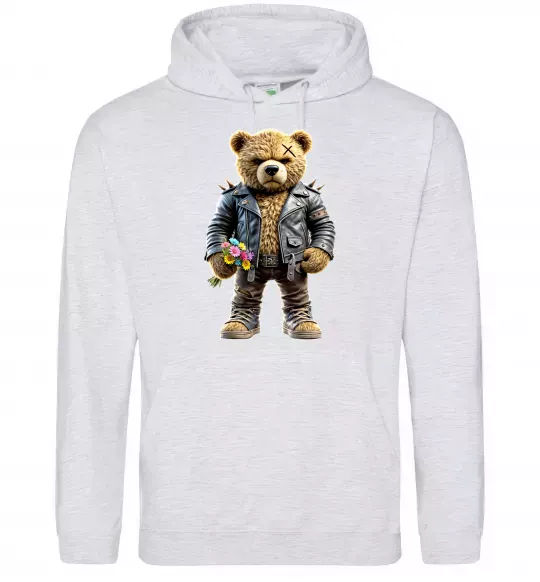 Мужская толстовка (худи) Ведмедик з квітами Серый меланж фото