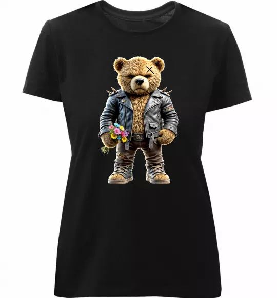 Женская премиум футболка Ведмедик з квітами Черный фото