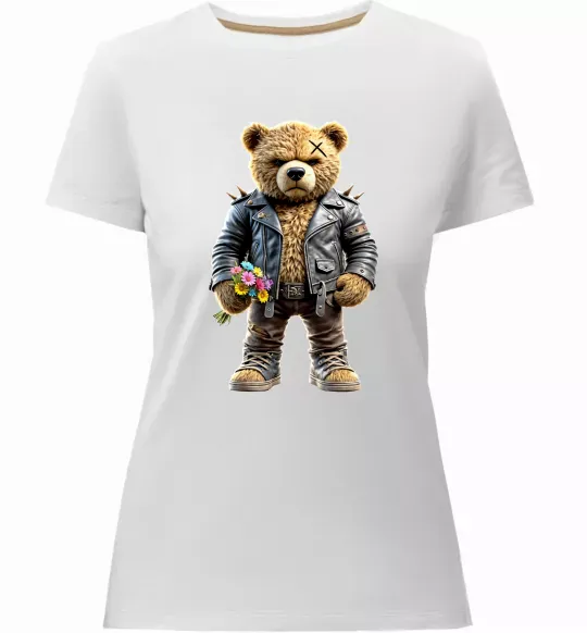Женская премиум футболка Ведмедик з квітами Белый фото