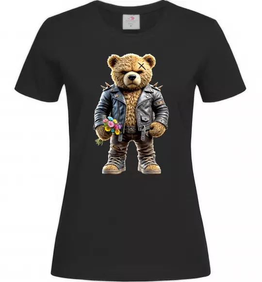 Жіноча футболка Ведмедик з квітами Чорний фото