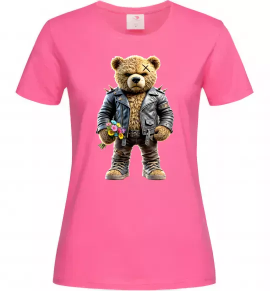 Жіноча футболка Ведмедик з квітами Яскраво-рожевий фото