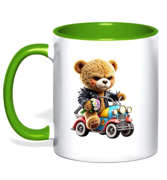 Чашка з кольоровою ручкою Ведмедик на машинці Лаймовий фото