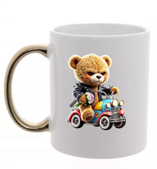 Чашка з кольоровою ручкою Ведмедик на машинці Золото фото