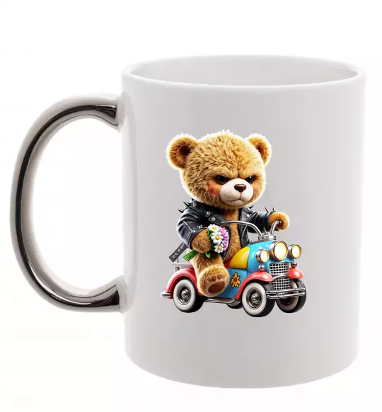 Чашка з кольоровою ручкою Ведмедик на машинці Срібло фото