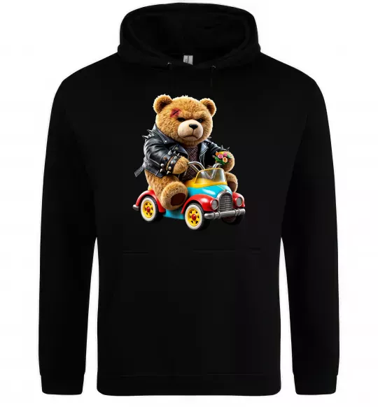 Чоловіча толстовка (худі) Ведмедик на машині Чорний фото