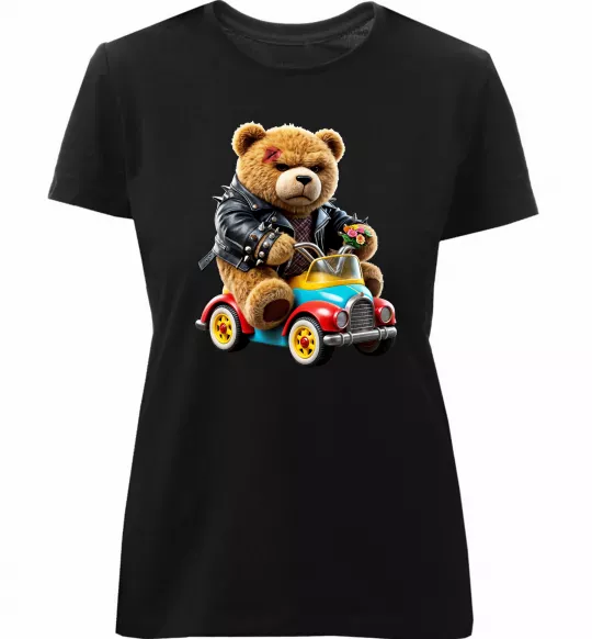 Женская премиум футболка Ведмедик на машині Черный фото
