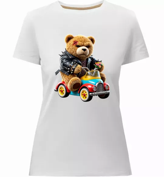 Женская премиум футболка Ведмедик на машині Белый фото