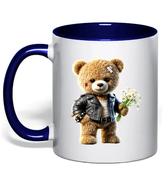 Чашка с цветной ручкой Ведмедик з букетом квітів Глубокий темно-синий фото