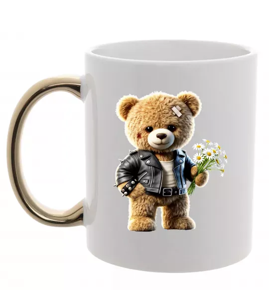 Чашка с цветной ручкой Ведмедик з букетом квітів Золото фото