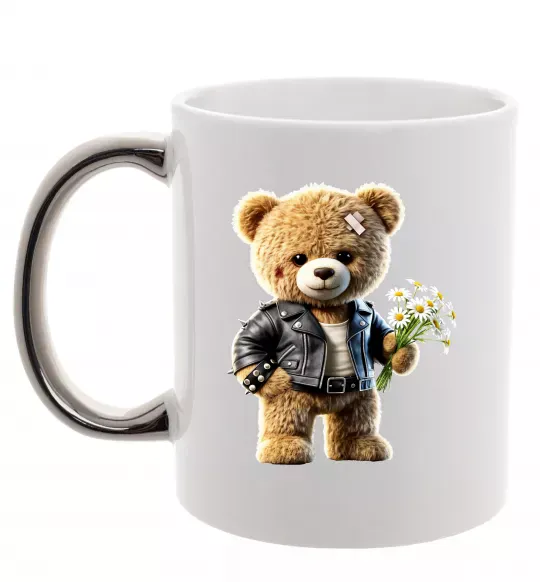 Чашка с цветной ручкой Ведмедик з букетом квітів Серебро фото