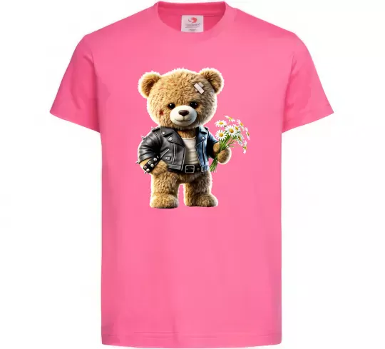 Детская футболка Ведмедик з букетом квітів Ярко-розовый фото