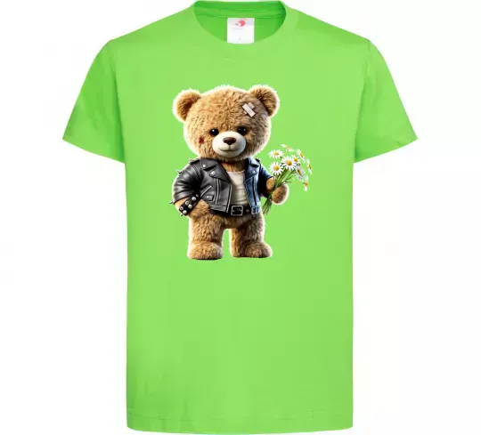 Детская футболка Ведмедик з букетом квітів Лаймовый фото