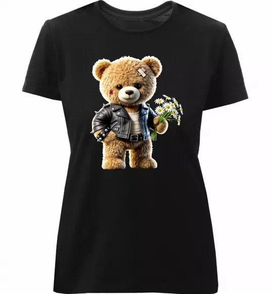 Жіноча преміум футболка Ведмедик з букетом квітів Чорний фото