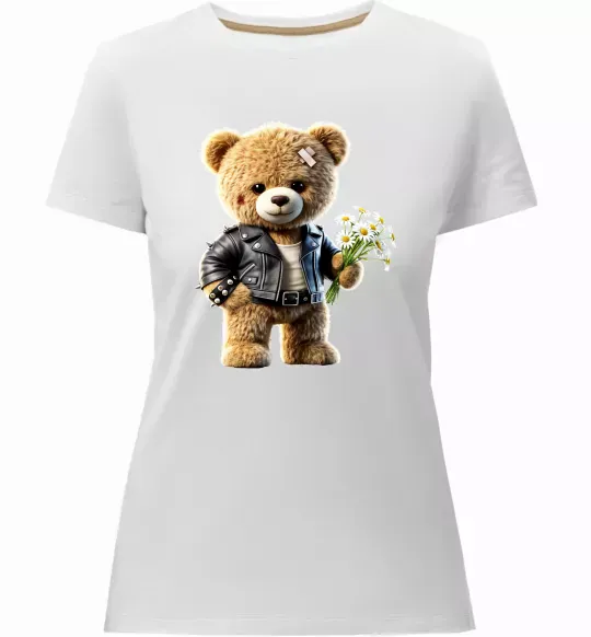 Жіноча преміум футболка Ведмедик з букетом квітів Білий фото