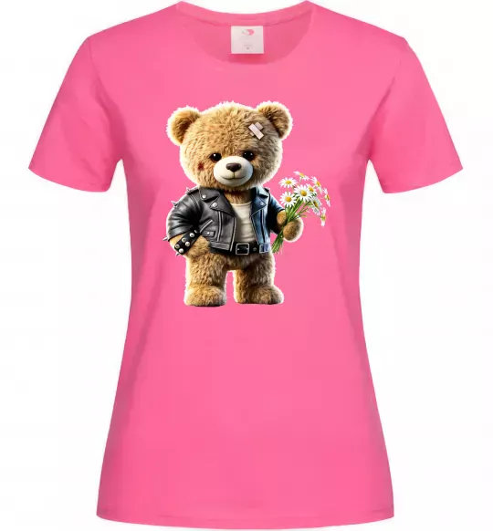 Женская футболка Ведмедик з букетом квітів Ярко-розовый фото