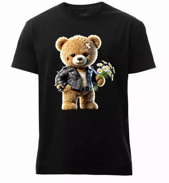 Чоловіча преміум футболка Ведмедик з букетом квітів Чорний фото