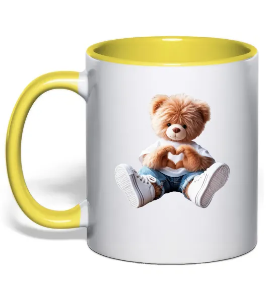 Чашка с цветной ручкой Ведмедик сердечко Лимонный фото