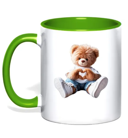 Чашка с цветной ручкой Ведмедик сердечко Лаймовый фото