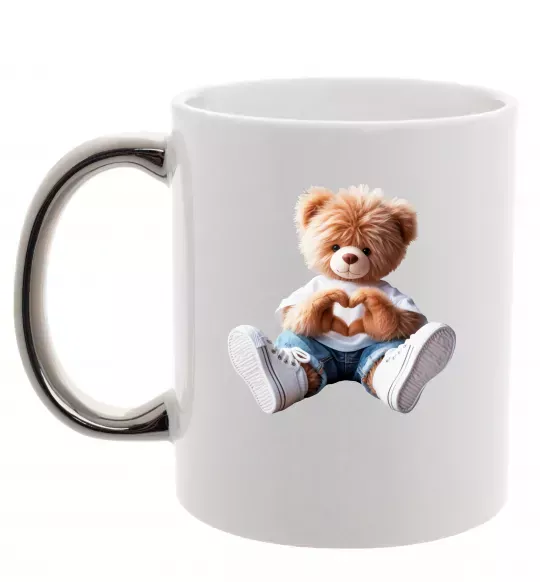 Чашка с цветной ручкой Ведмедик сердечко Серебро фото