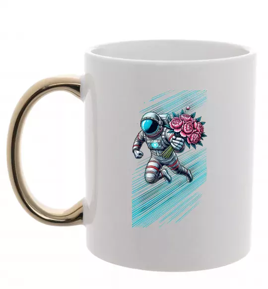Чашка с цветной ручкой Космонавт з квітами Золото фото