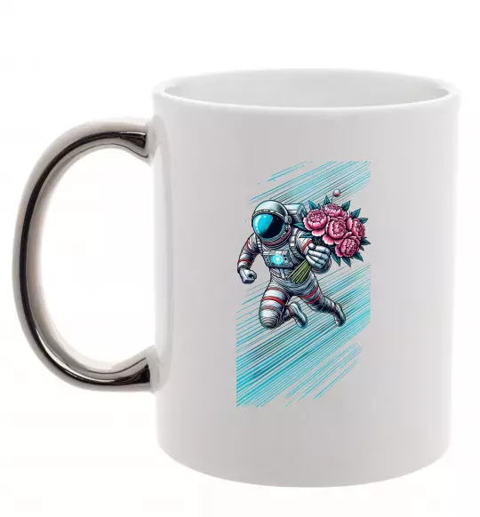 Чашка с цветной ручкой Космонавт з квітами Серебро фото