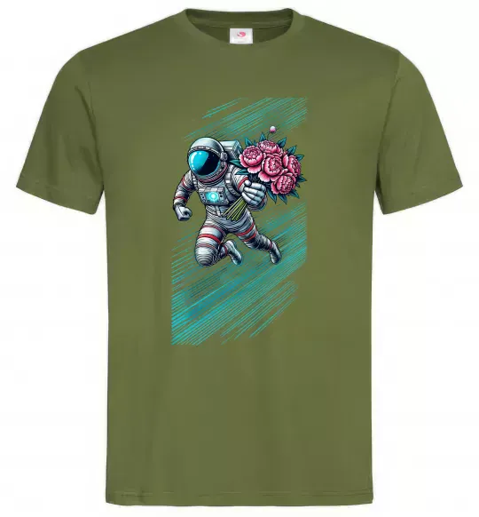 Чоловіча футболка Космонавт з квітами Оливковий фото