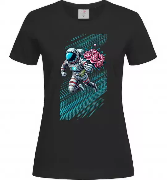 Женская футболка Космонавт з квітами Черный фото