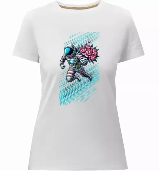 Жіноча преміум футболка Космонавт з квітами Білий фото