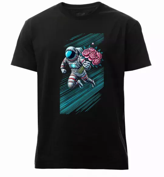 Мужская премиум футболка Космонавт з квітами Черный фото