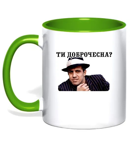 Чашка з кольоровою ручкою Ти доброчесна? Лаймовий фото