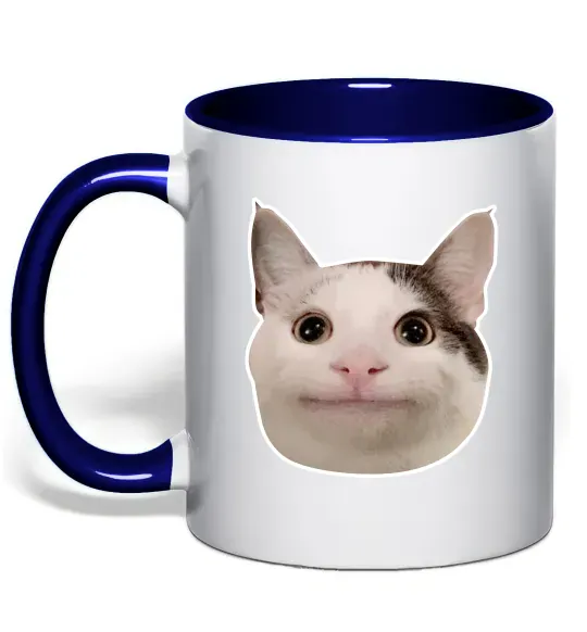 Чашка з кольоровою ручкою Cat meme face Глибокий темно-синій фото