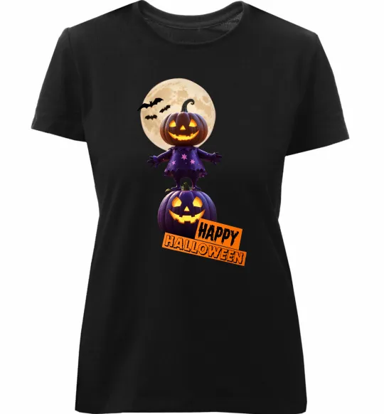 Женская премиум футболка Happy Halloween гарбуз-людина Черный фото