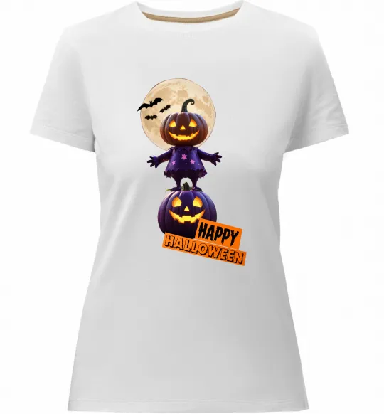 Женская премиум футболка Happy Halloween гарбуз-людина Белый фото