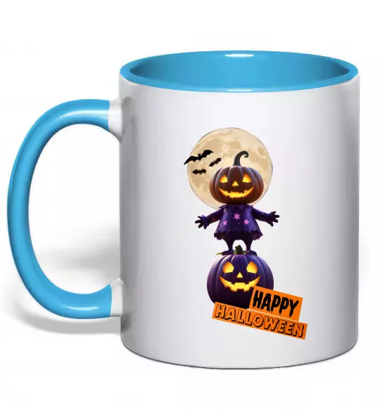 Чашка с цветной ручкой Happy Halloween гарбуз-людина Голубой фото