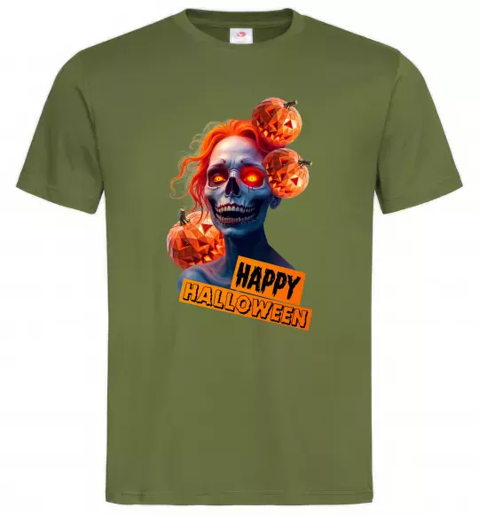 Мужская футболка Halloween зомбі дівчина Оливковый фото