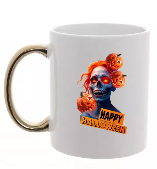 Чашка с цветной ручкой Halloween зомбі дівчина Золото фото