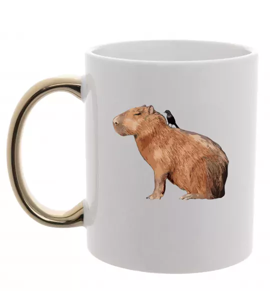 Чашка з кольоровою ручкою Капібара з пташкою Золото фото