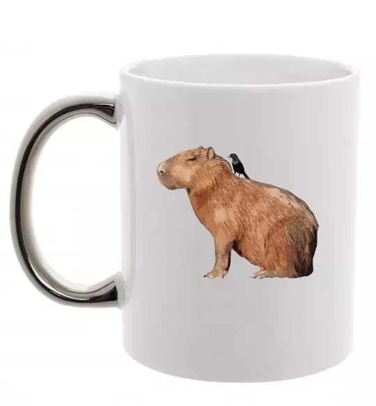 Чашка з кольоровою ручкою Капібара з пташкою Срібло фото