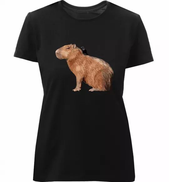 Женская премиум футболка Капібара з пташкою Черный фото