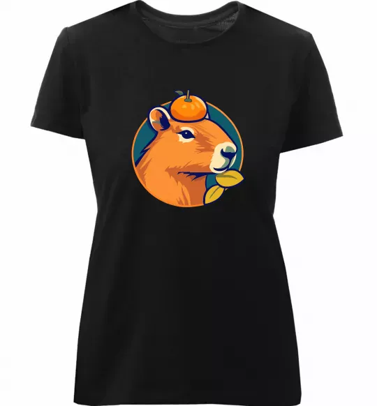 Женская премиум футболка Капібара мандарин Черный фото