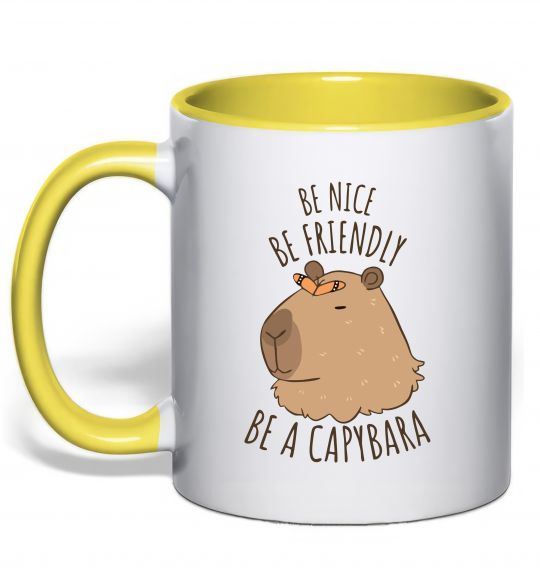 Чашка з кольоровою ручкою Be nice Be friendly Be a Capybara Сонячно жовтий фото