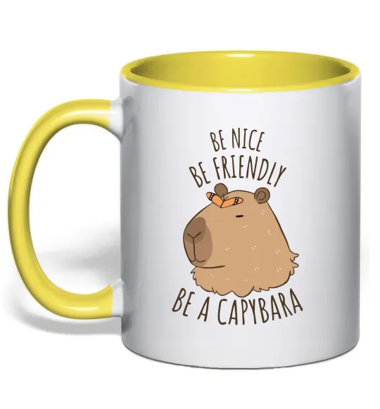 Чашка с цветной ручкой Be nice Be friendly Be a Capybara Лимонный фото