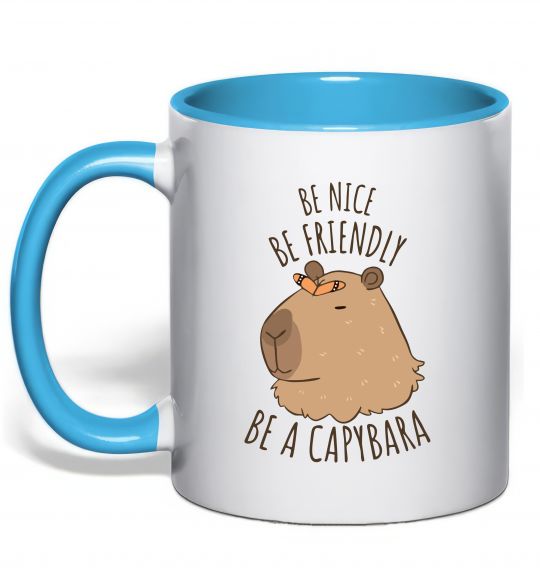 Чашка с цветной ручкой Be nice Be friendly Be a Capybara Голубой фото