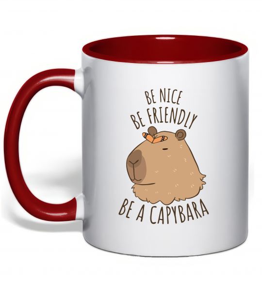 Чашка з кольоровою ручкою Be nice Be friendly Be a Capybara Червоний фото