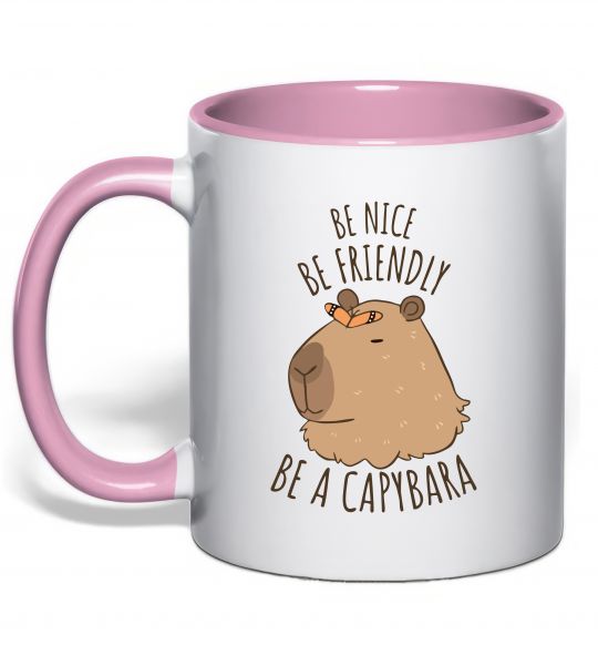 Чашка з кольоровою ручкою Be nice Be friendly Be a Capybara Ніжно рожевий фото